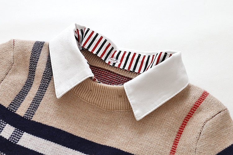 Baby boy's striped pattern sweater with detachable shirt neck in navy blue and khaki, showcasing soft cotton fabric and stylish design.