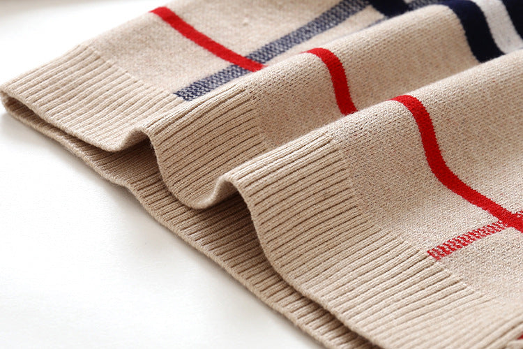 Baby boy's striped pattern sweater with detachable shirt neck in navy blue and khaki, showcasing soft cotton fabric and stylish design.