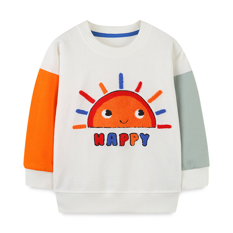 A cute baby boy wearing a sun graphic colorblock hoodie, showcasing a playful design in white and vibrant colors.