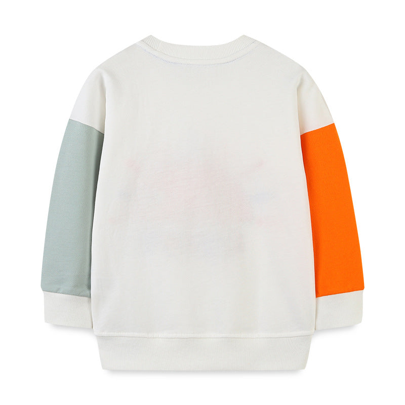 A cute baby boy wearing a sun graphic colorblock hoodie, showcasing a playful design in white and vibrant colors.