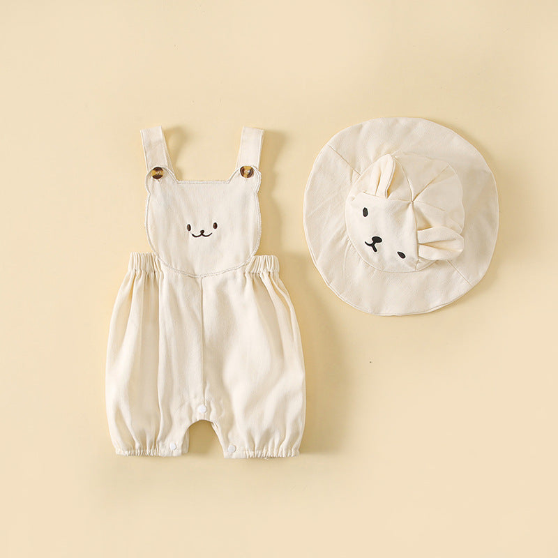 Adorable baby outfit featuring stereoscopic bear design, sleeveless straps, and shorts, perfect for summer wear.