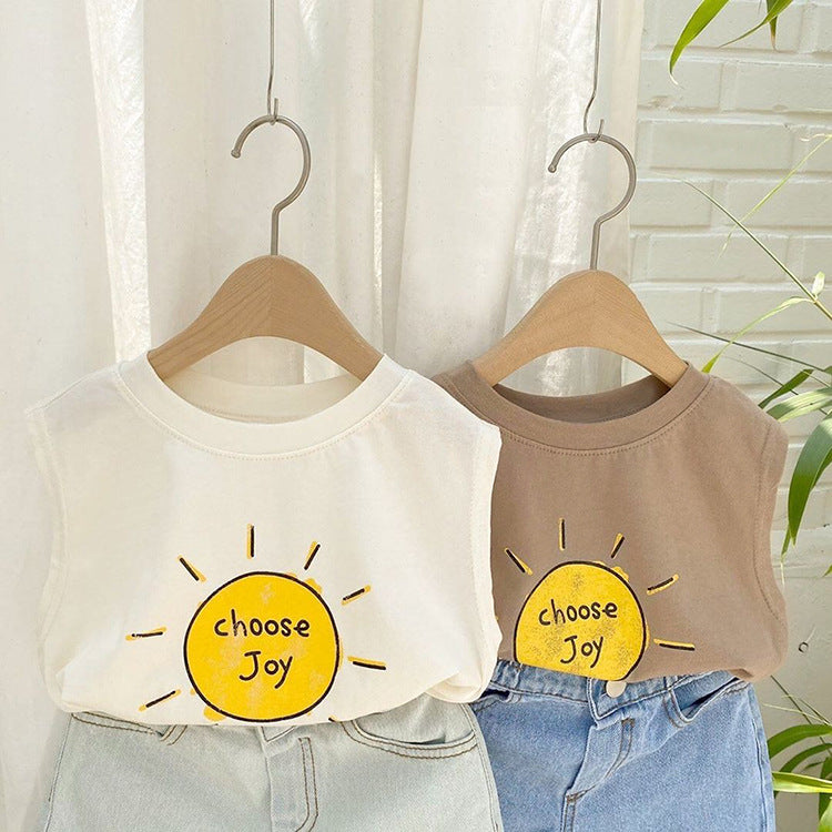Baby boys and girls sleeveless round cotton top featuring a sun pattern print, available in white and khaki colors.