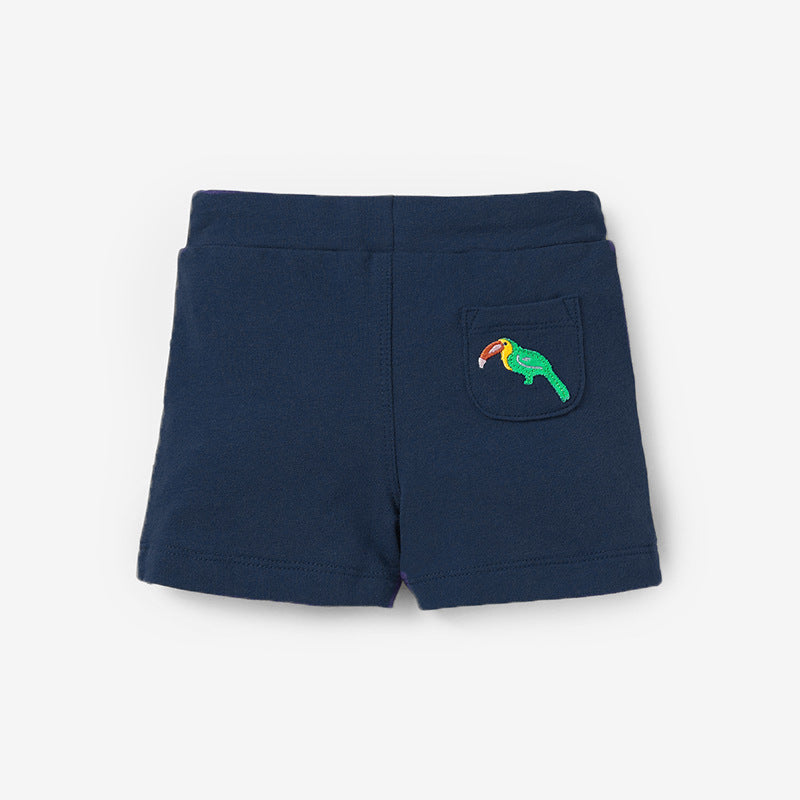 Baby boys casual style shorts in navy blue with animal cartoon pattern, made from soft cotton for comfort.
