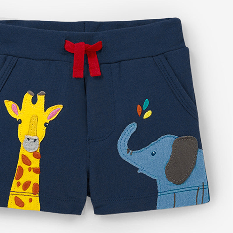 Baby boys casual style shorts in navy blue with animal cartoon pattern, made from soft cotton for comfort.