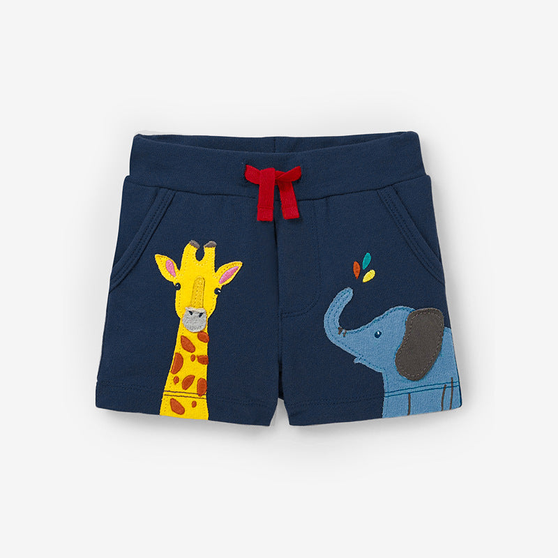 Baby boys casual style shorts in navy blue with animal cartoon pattern, made from soft cotton for comfort.