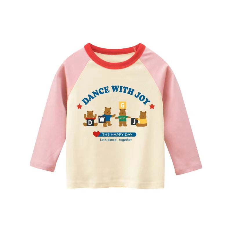 A colorful baby top featuring a print pattern and color patchwork design, perfect for spring wear.