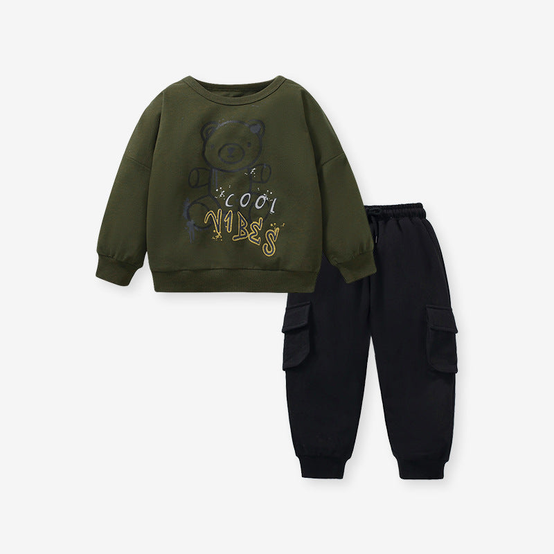 Baby boys green pullover featuring teddy cartoon and letters printing pattern, made from soft cotton material.