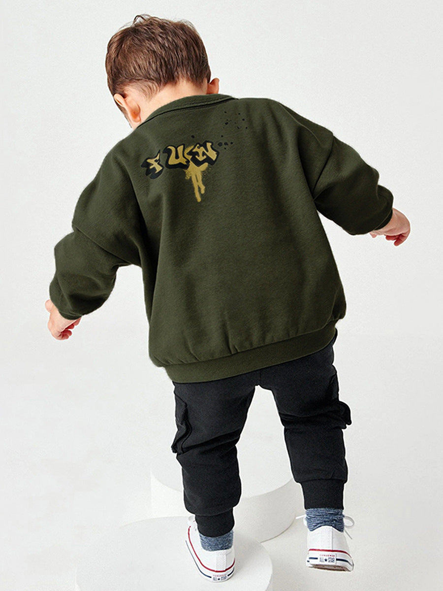 Baby boys green pullover featuring teddy cartoon and letters printing pattern, made from soft cotton material.