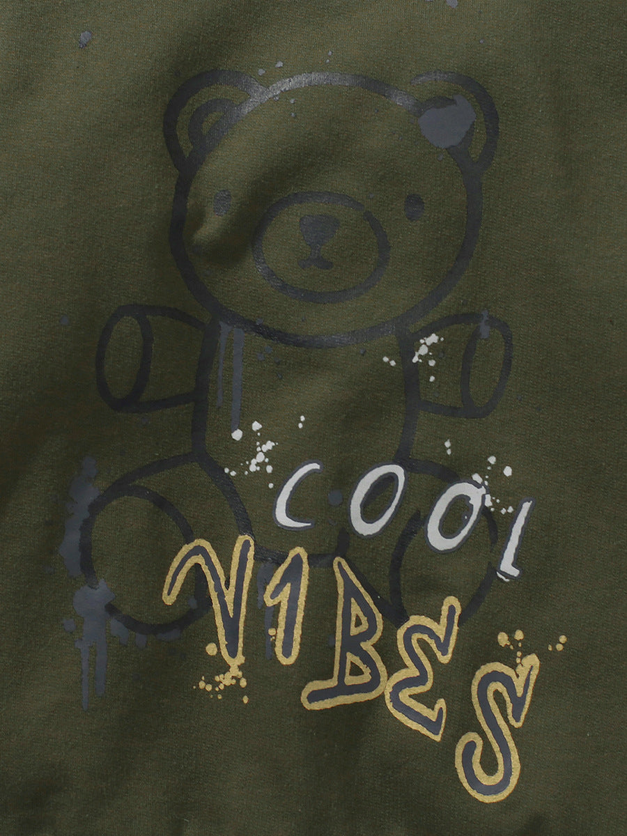 Baby boys green pullover featuring teddy cartoon and letters printing pattern, made from soft cotton material.
