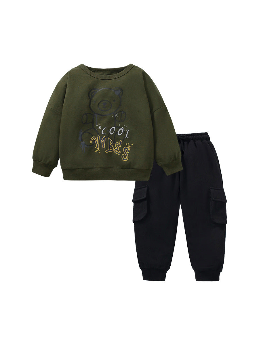 Baby boys green pullover featuring teddy cartoon and letters printing pattern, made from soft cotton material.
