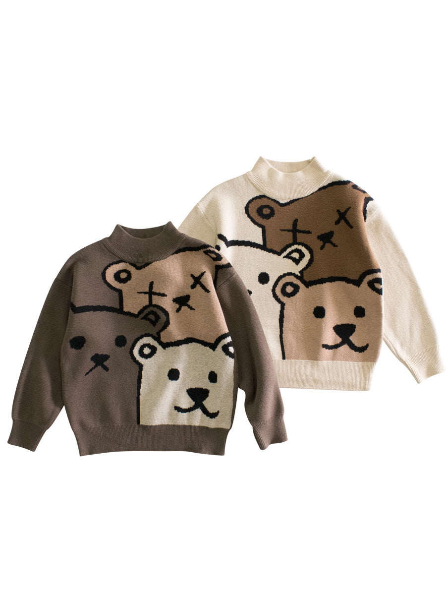 Baby boys long sleeve pullover featuring teddy bear cartoon design in beige and brown colors, perfect for chilly weather.
