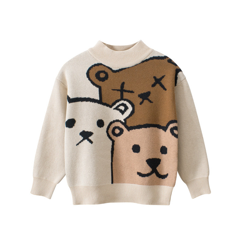 Baby boys long sleeve pullover featuring teddy bear cartoon design in beige and brown colors, perfect for chilly weather.
