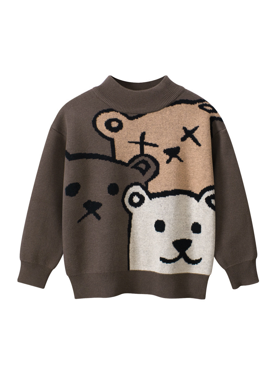 Baby boys long sleeve pullover featuring teddy bear cartoon design in beige and brown colors, perfect for chilly weather.