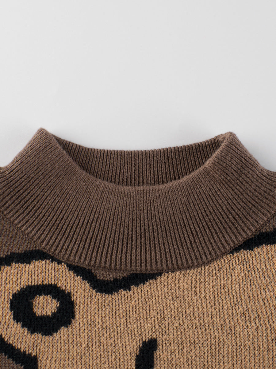 Baby boys long sleeve pullover featuring teddy bear cartoon design in beige and brown colors, perfect for chilly weather.