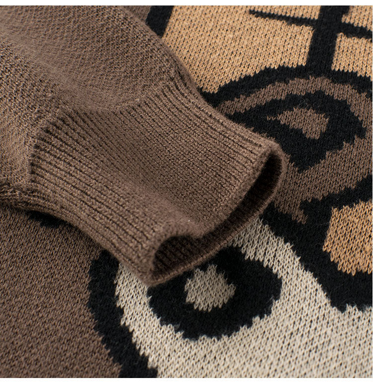 Baby boys long sleeve pullover featuring teddy bear cartoon design in beige and brown colors, perfect for chilly weather.