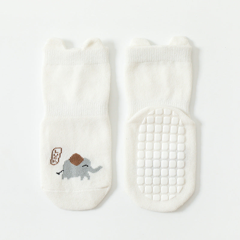 Cute baby socks featuring cartoon animal graphics with a non-slip design, perfect for toddlers.