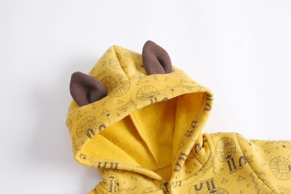 Baby wearing a cute cartoon animal romper with a matching hat, showcasing a playful design in yellow and khaki colors.