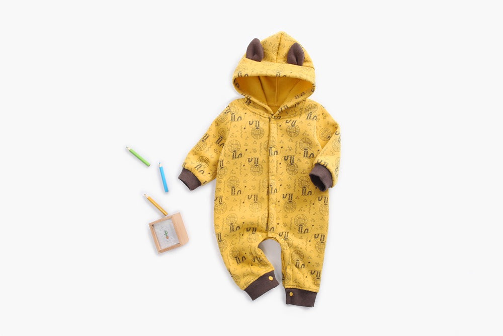 Baby wearing a cute cartoon animal romper with a matching hat, showcasing a playful design in yellow and khaki colors.