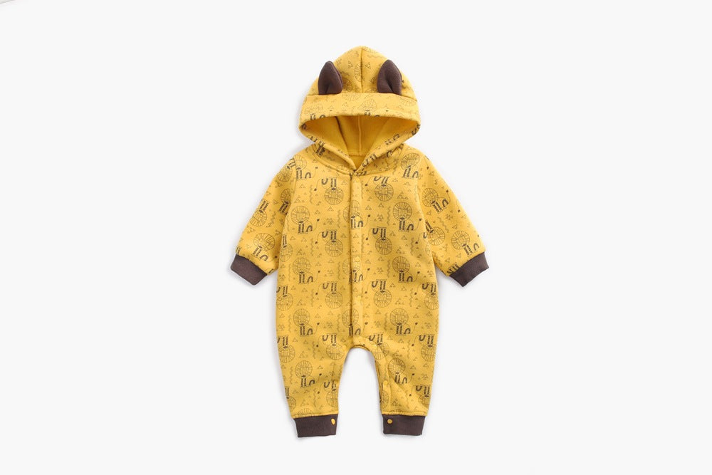 Baby wearing a cute cartoon animal romper with a matching hat, showcasing a playful design in yellow and khaki colors.