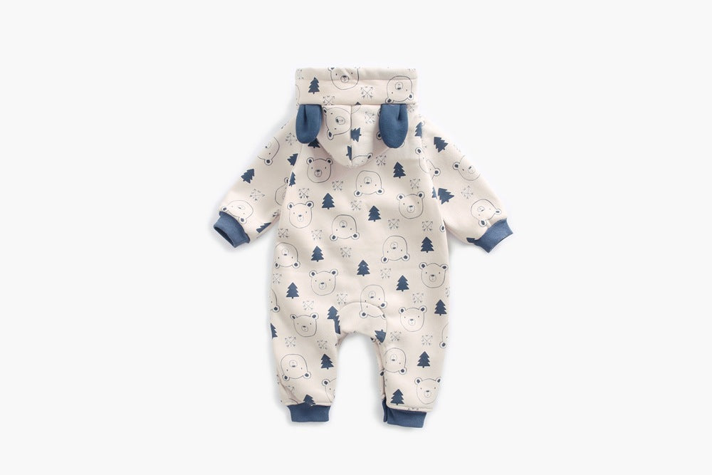 Baby wearing a cute cartoon animal romper with a matching hat, showcasing a playful design in yellow and khaki colors.