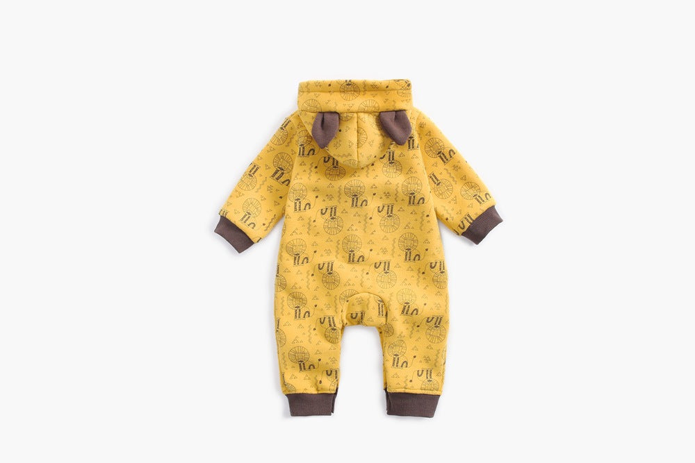 Baby wearing a cute cartoon animal romper with a matching hat, showcasing a playful design in yellow and khaki colors.