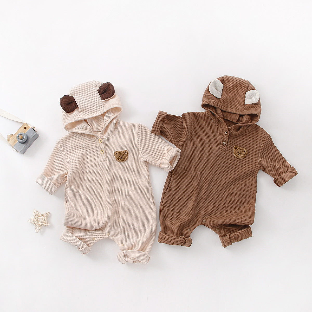 Baby Cartoon Bear Embroidered Pattern Long Sleeve Romper in apricot and brown colors, made from soft waffle fabric.