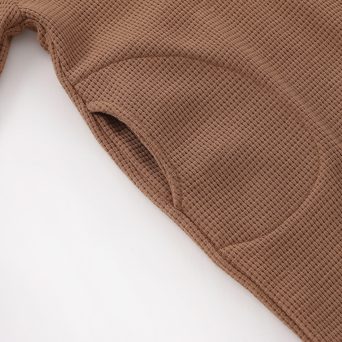 Baby Cartoon Bear Embroidered Pattern Long Sleeve Romper in apricot and brown colors, made from soft waffle fabric.