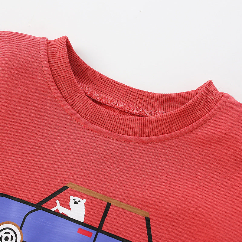 A vibrant orange baby hoodie featuring a cute cartoon bear pattern, made from soft cotton terry fabric, perfect for spring and autumn wear.