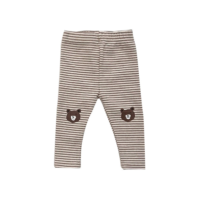 Baby Cartoon Bear Pattern Cotton Pants in apricot and brown colors, featuring a cute bear design and available in solid and striped patterns.