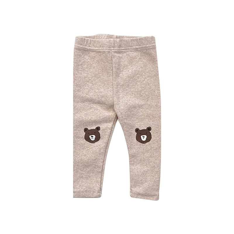 Baby Cartoon Bear Pattern Cotton Pants in apricot and brown colors, featuring a cute bear design and available in solid and striped patterns.