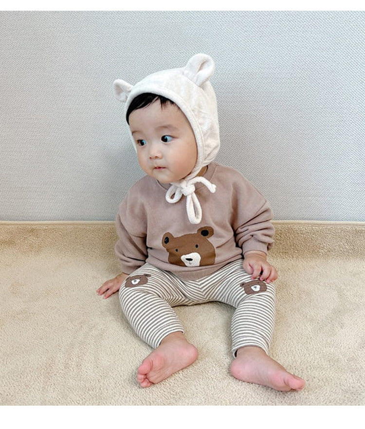 Baby Cartoon Bear Pattern Cotton Pants in apricot and brown colors, featuring a cute bear design and available in solid and striped patterns.