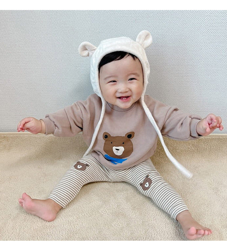 Baby Cartoon Bear Pattern Cotton Pants in apricot and brown colors, featuring a cute bear design and available in solid and striped patterns.