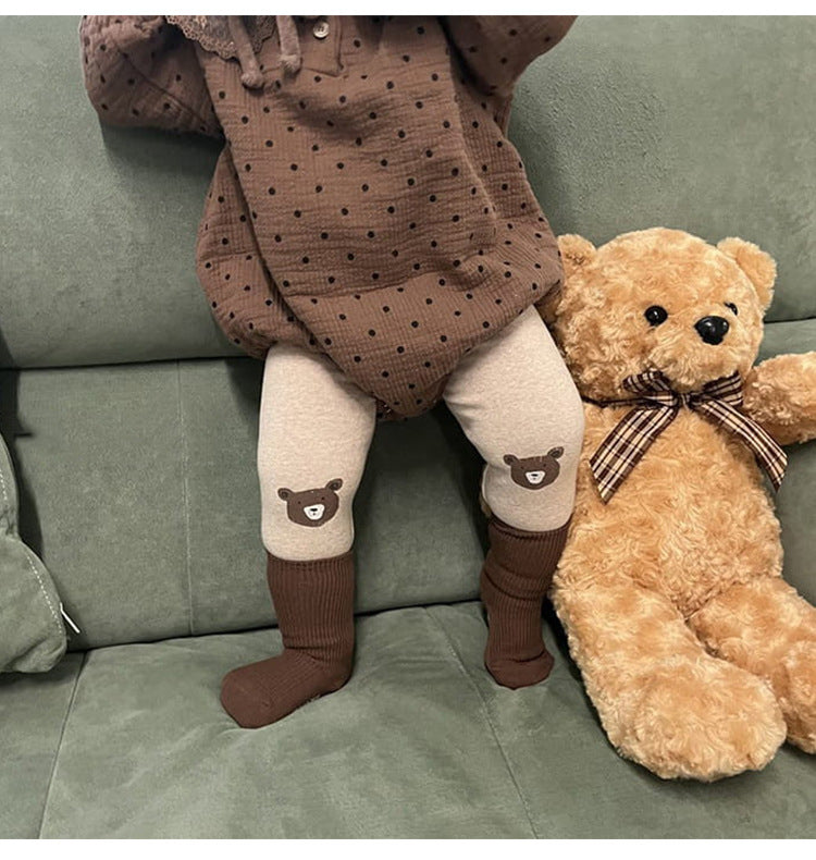 Baby Cartoon Bear Pattern Cotton Pants in apricot and brown colors, featuring a cute bear design and available in solid and striped patterns.
