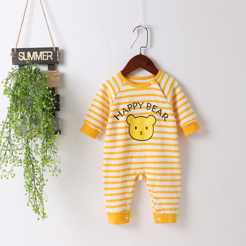 Baby Cartoon Bear & Striped Pattern Crotch Jumpsuit Romper in yellow, featuring a cute bear design and striped pattern, perfect for infants.