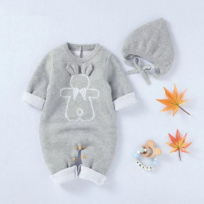 Baby Cartoon Bunny embroidered romper with hat in soft cotton fabric, featuring colorful graphics and available in white, pink, and coffee colors.