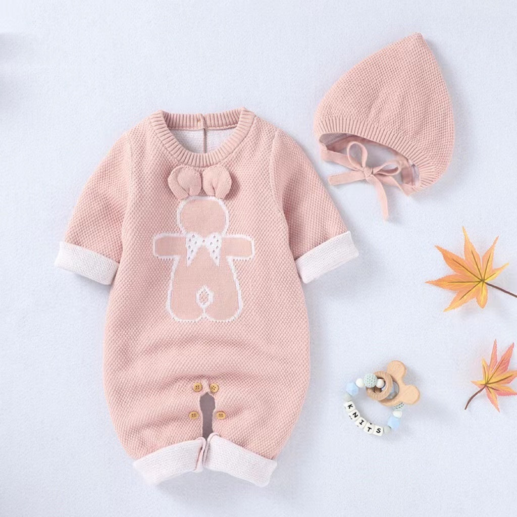 Baby Cartoon Bunny embroidered romper with hat in soft cotton fabric, featuring colorful graphics and available in white, pink, and coffee colors.