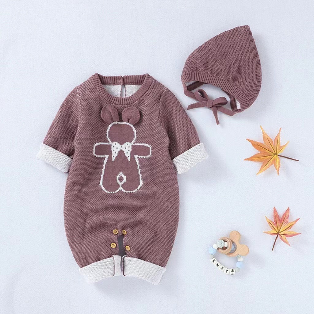 Baby Cartoon Bunny embroidered romper with hat in soft cotton fabric, featuring colorful graphics and available in white, pink, and coffee colors.