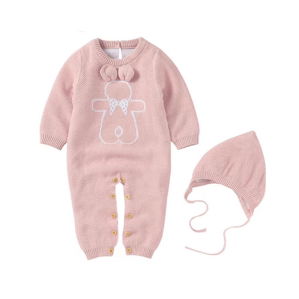 Baby Cartoon Bunny embroidered romper with hat in soft cotton fabric, featuring colorful graphics and available in white, pink, and coffee colors.