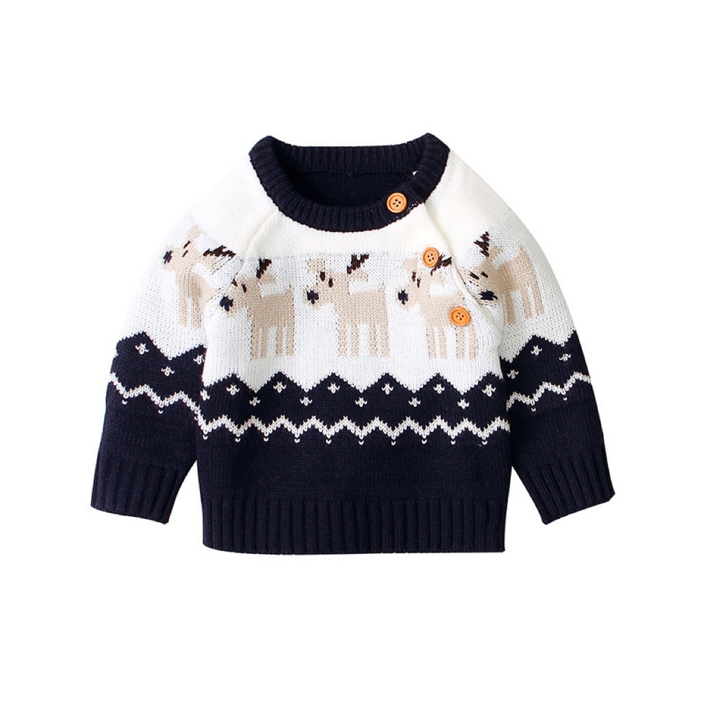 A cozy knitted baby sweater featuring a cartoon deer pattern and shoulder button design, available in red and navy blue.
