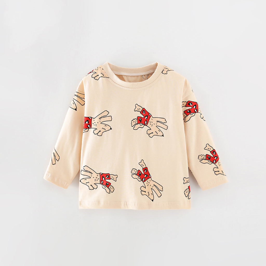 Baby shirt featuring a cartoon dog pattern in apricot color, perfect for autumn wear.