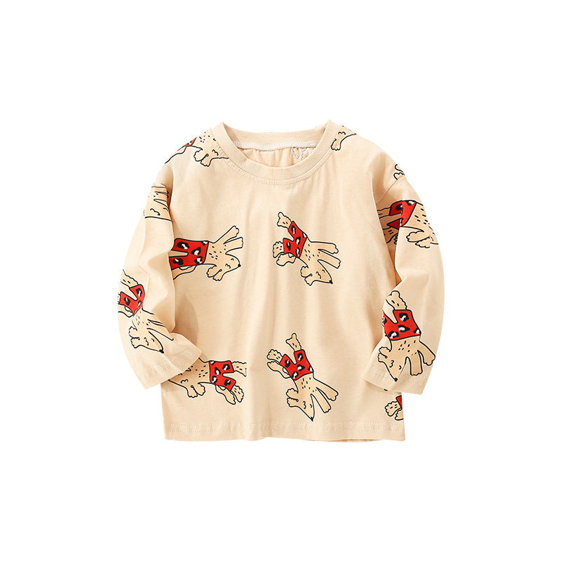 Baby shirt featuring a cartoon dog pattern in apricot color, perfect for autumn wear.