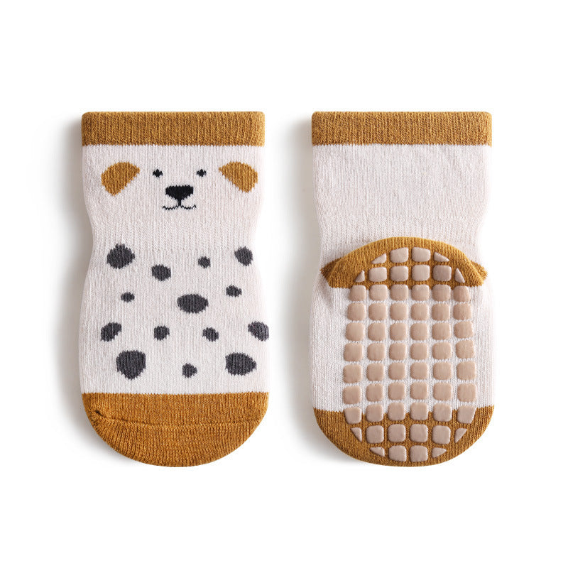 Cute toddler socks featuring a cartoon dog print pattern in a mid tube design, perfect for autumn and winter wear.