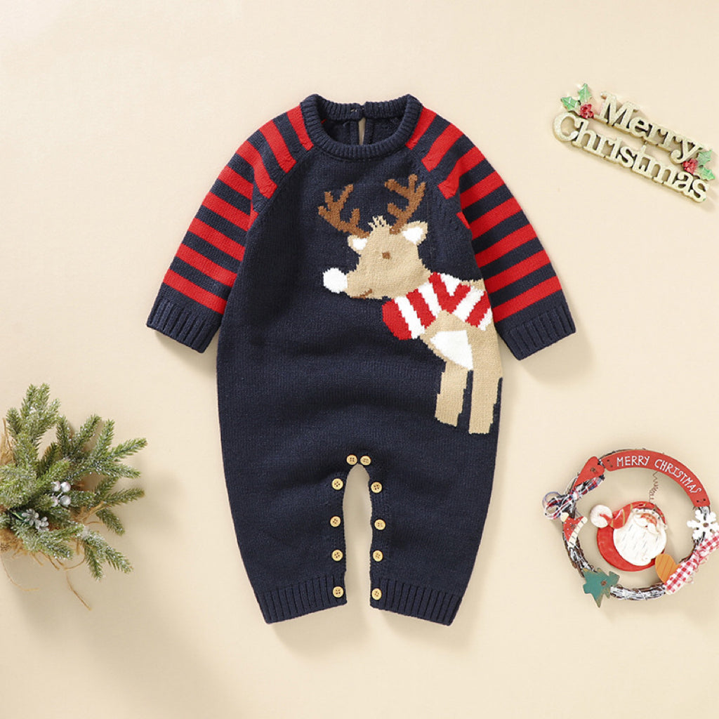 Baby Cartoon Elk Graphic Side Striped Sleeve Knitted Romper in red and navy blue, featuring a cute elk design and striped sleeves.