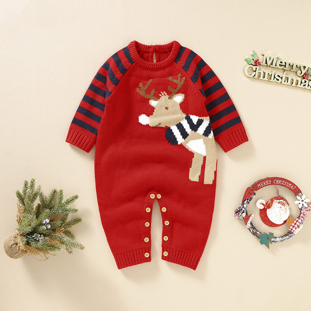 Baby Cartoon Elk Graphic Side Striped Sleeve Knitted Romper in red and navy blue, featuring a cute elk design and striped sleeves.
