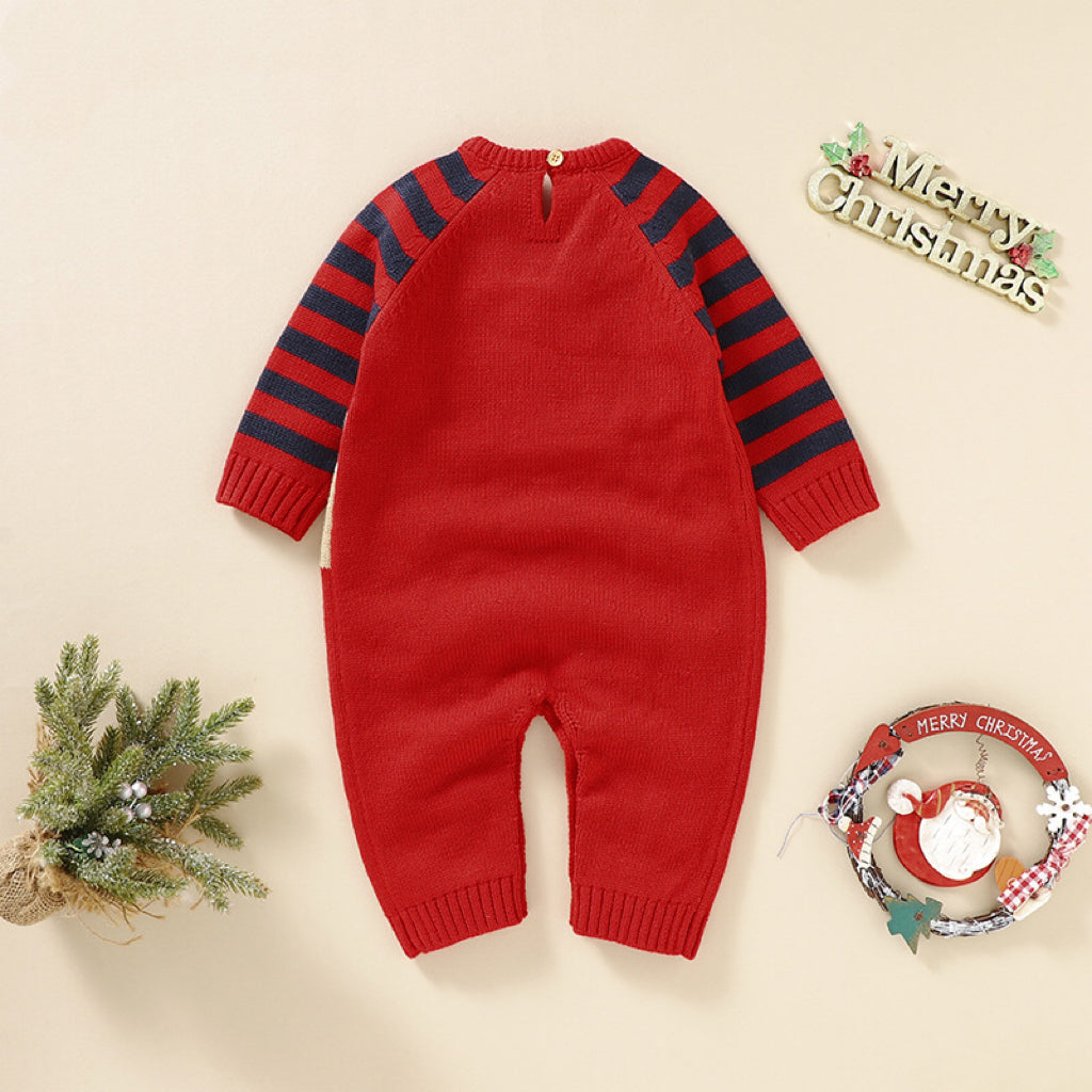 Baby Cartoon Elk Graphic Side Striped Sleeve Knitted Romper in red and navy blue, featuring a cute elk design and striped sleeves.