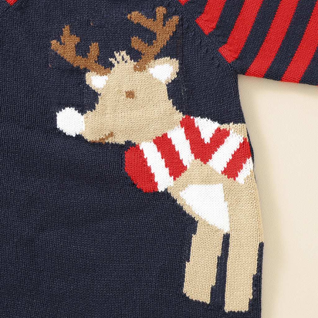 Baby Cartoon Elk Graphic Side Striped Sleeve Knitted Romper in red and navy blue, featuring a cute elk design and striped sleeves.
