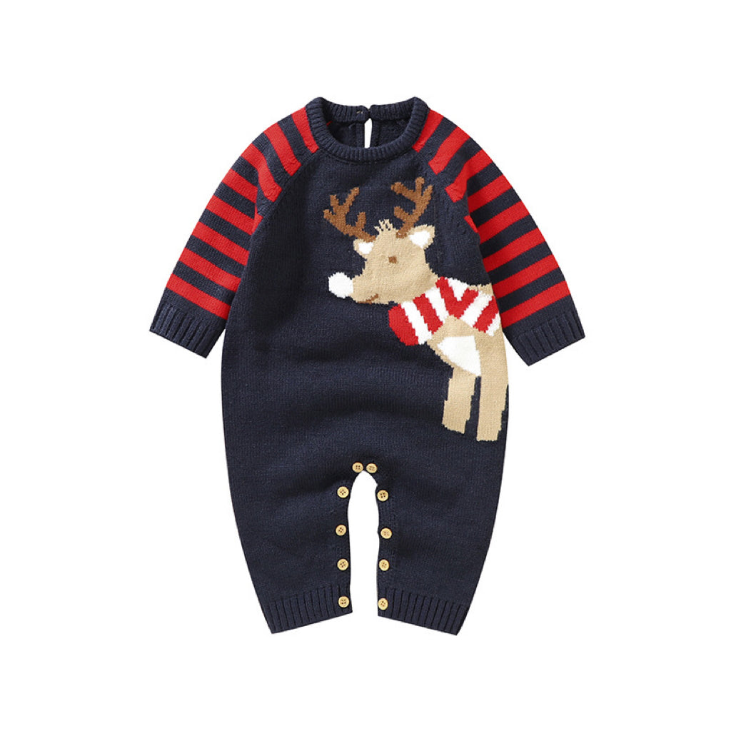 Baby Cartoon Elk Graphic Side Striped Sleeve Knitted Romper in red and navy blue, featuring a cute elk design and striped sleeves.