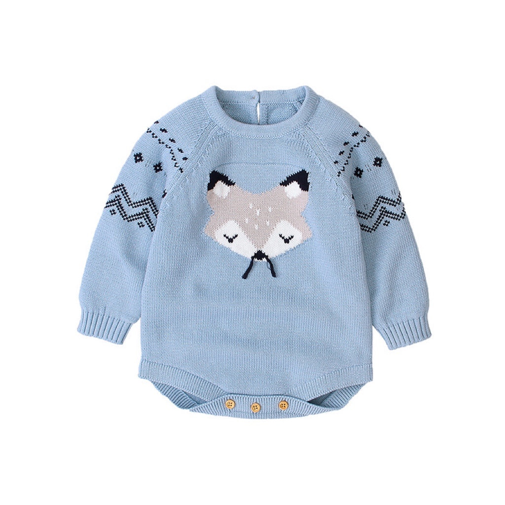 Baby wearing a cute cartoon fox graphic romper with long sleeves, featuring a triangle knitted design in blue and grey colors.