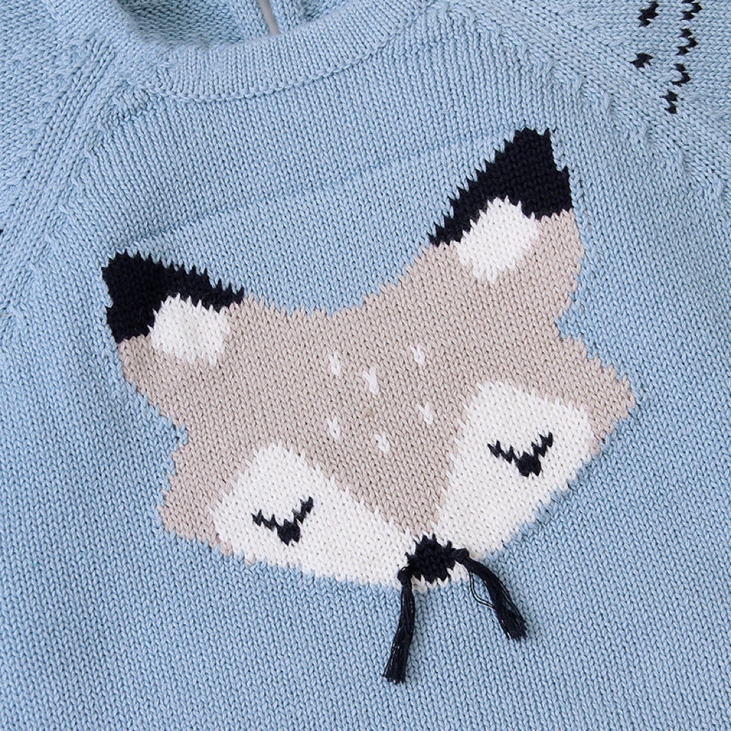 Baby wearing a cute cartoon fox graphic romper with long sleeves, featuring a triangle knitted design in blue and grey colors.