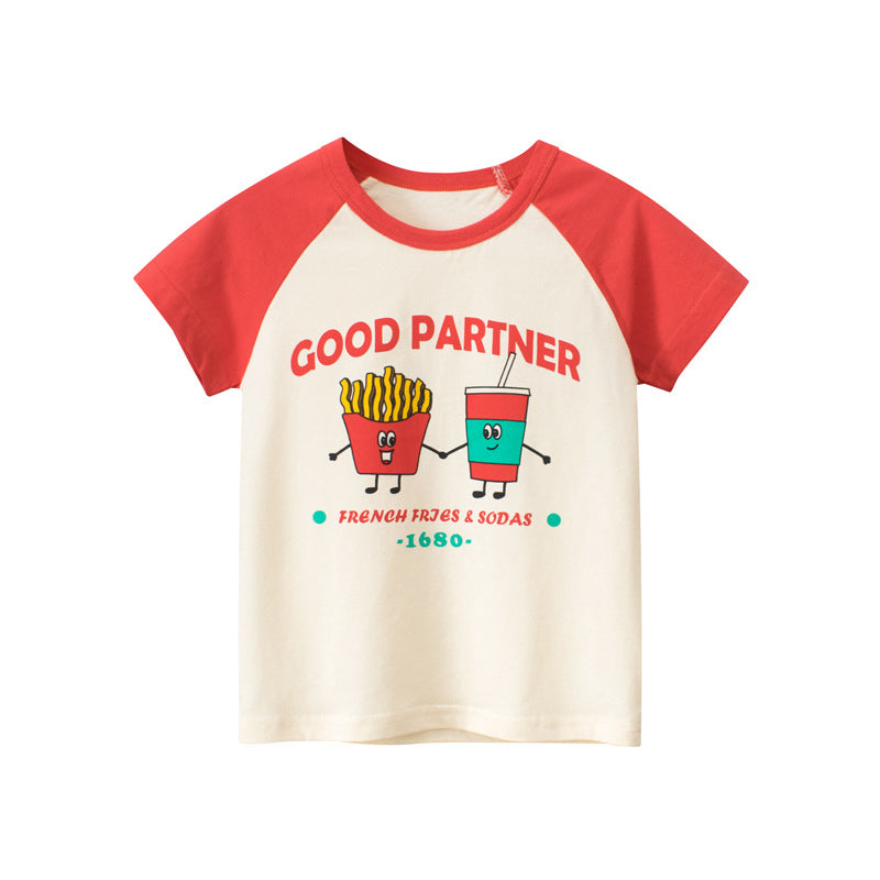 A vibrant red baby top featuring a cute cartoon graphic, perfect for summer wear.
